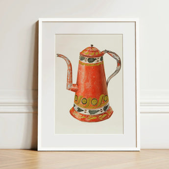 Tin Coffee Pot - Harry Grossen Kitchen Art Print / Canvas Vibrant Red Enamel Ornate Yellow Green 1930s, Grossen’s Enchanting, Prints