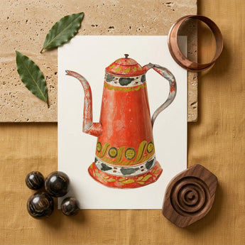 Tin Coffee Pot - Harry Grossen Kitchen Art Print / Canvas Vibrant Red Hand-painted Illustration Decorative Green 1930s, Grossen’s