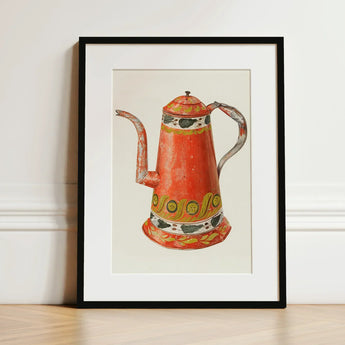 Tin Coffee Pot - Harry Grossen Kitchen Art Print / Canvas Vibrant Red Vintage-style Illustration Ornate Yellow 1930s, Grossen’s Enchanting,