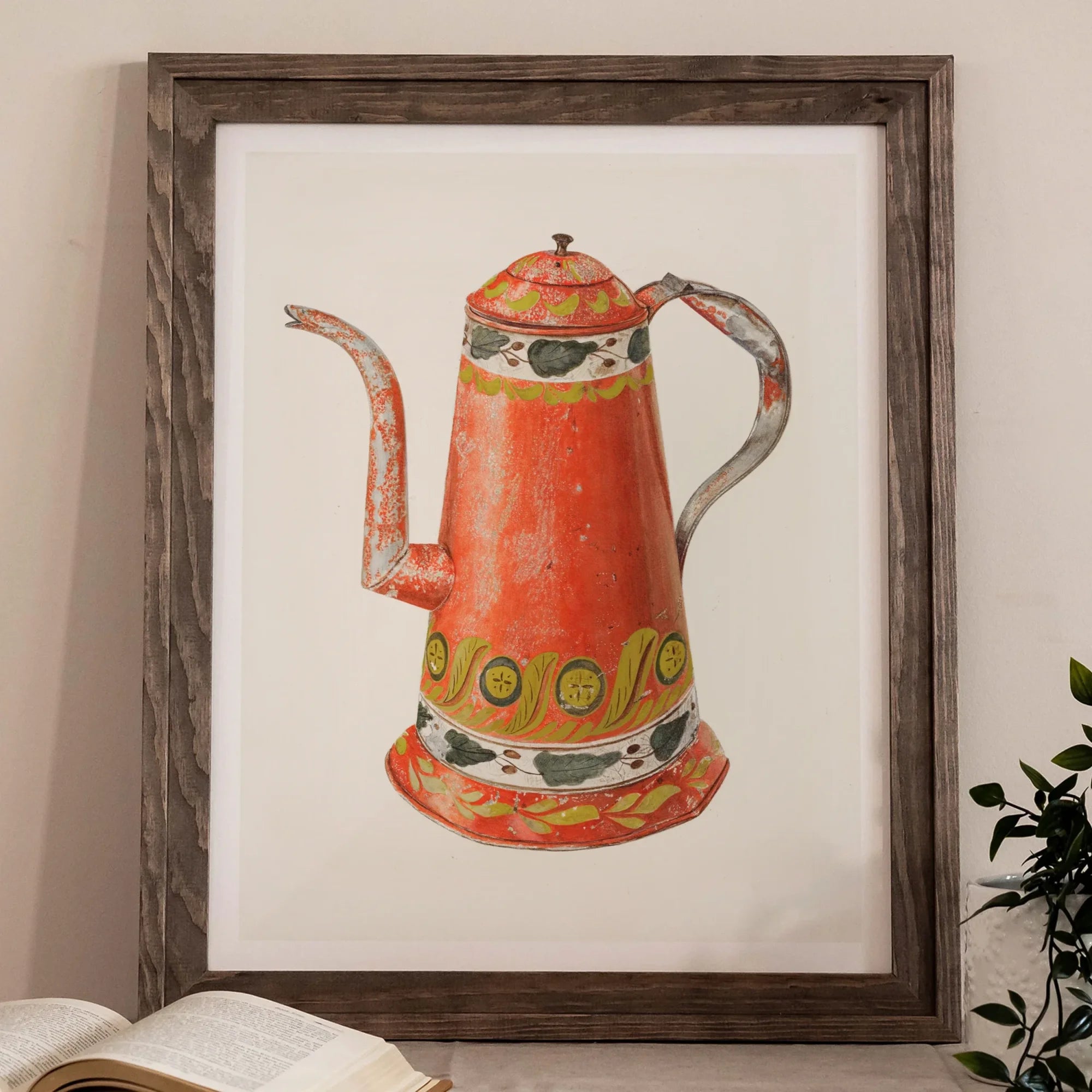 Tin Coffee Pot - Harry Grossen Kitchen Art Print, Colorful Vintage-style Coffee Pot Teapot Long Spout Decorative