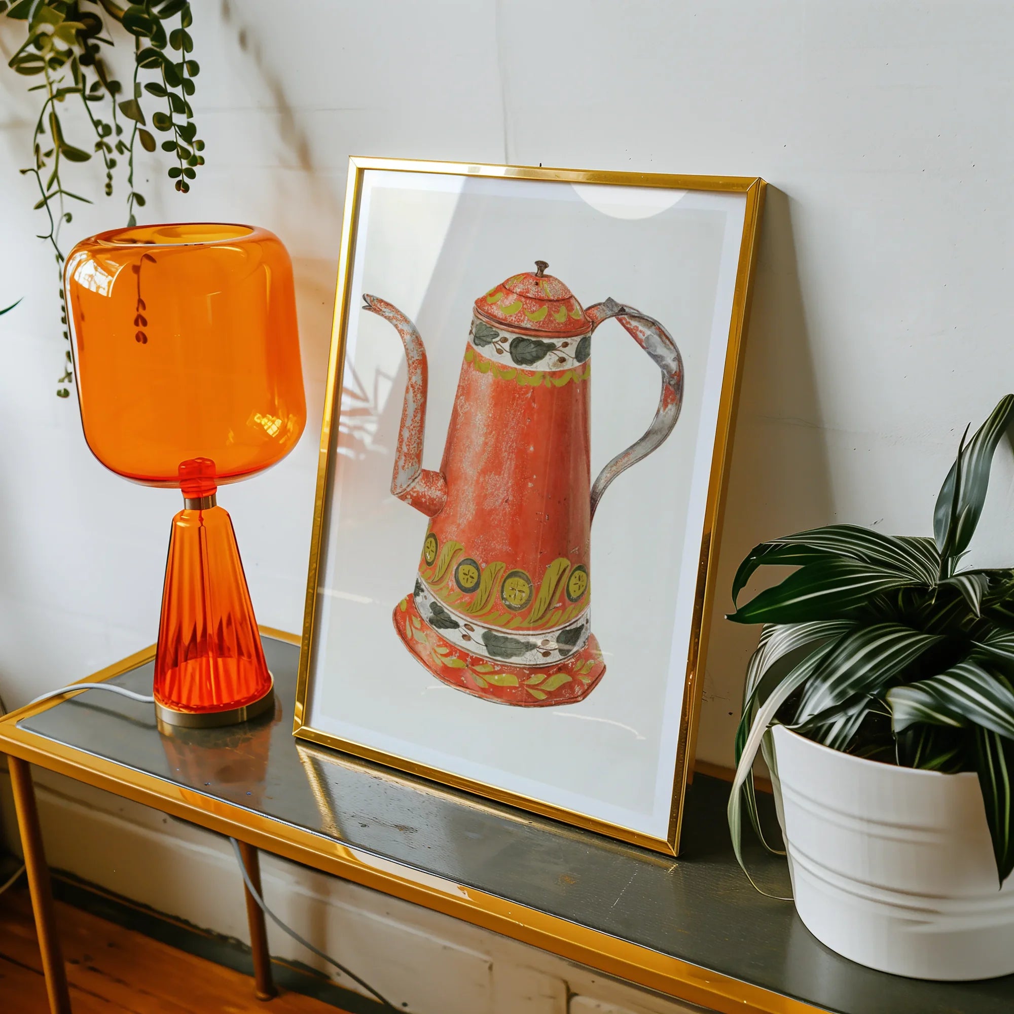 Tin Coffee Pot - Harry Grossen Kitchen Art Print, Framed Artwork Colorful Vintage Teapot Coffee Pot