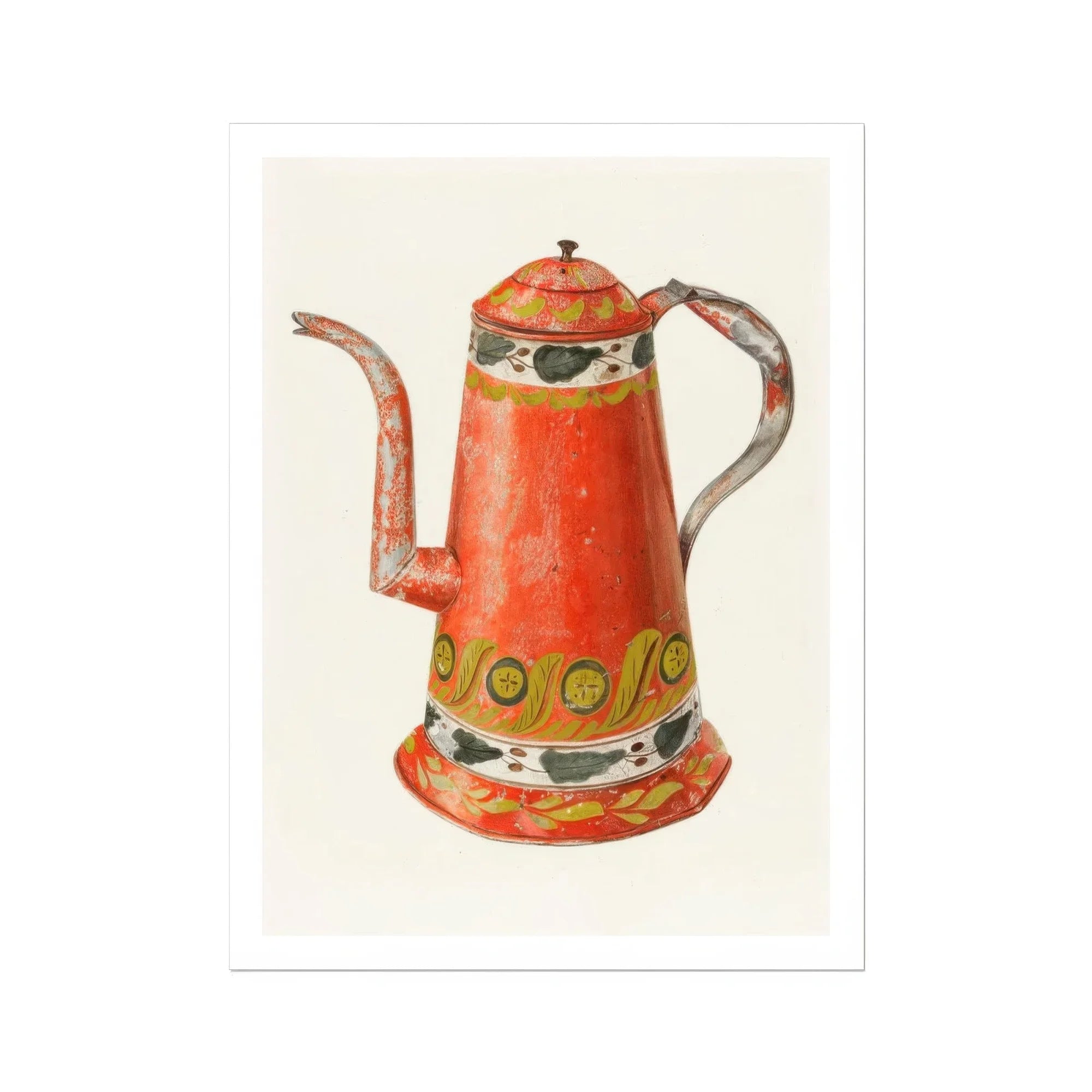 Tin Coffee Pot - Harry Grossen Kitchen Art Print, Red Decorative Coffee Pot Ornate Gold Black Patterns
