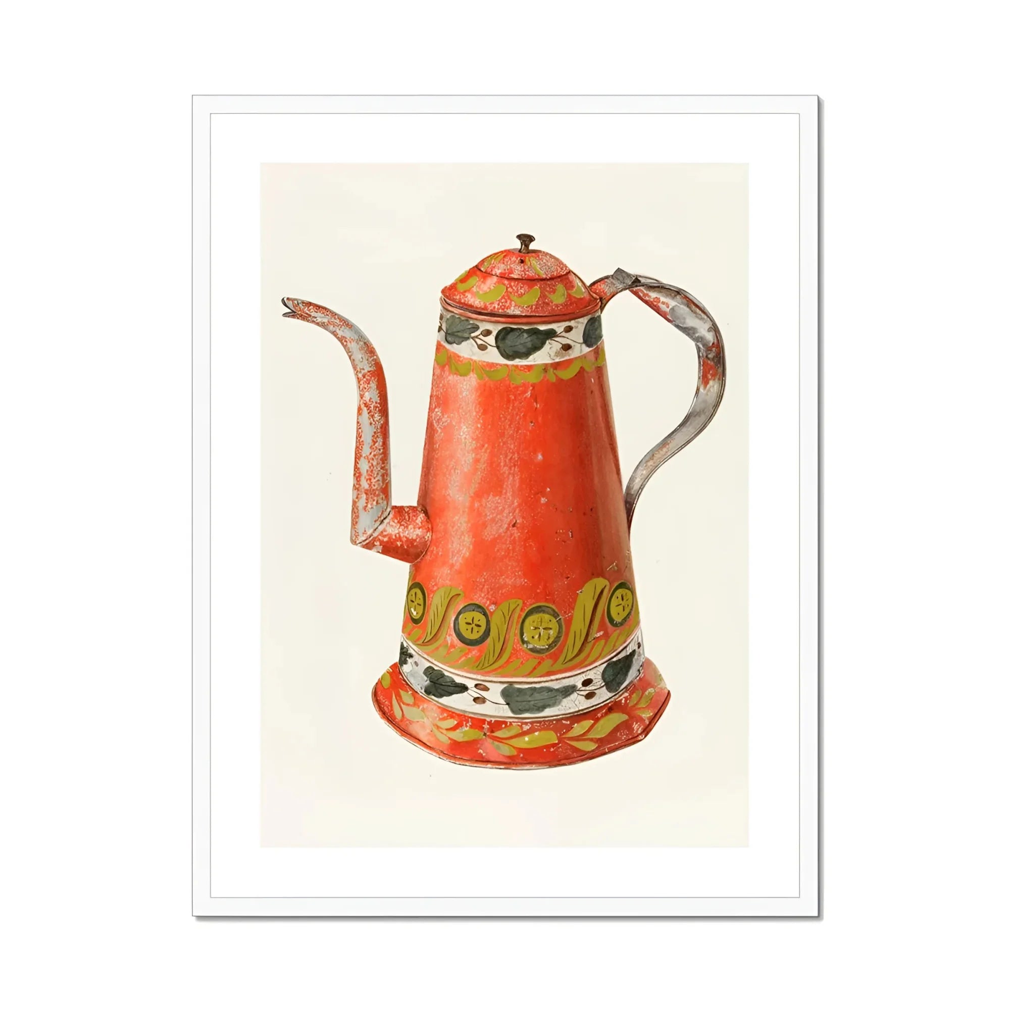 Tin Coffee Pot - Harry Grossen Kitchen Art Print, Red Decorative Coffee Pot Ornate Yellow Black Geometric