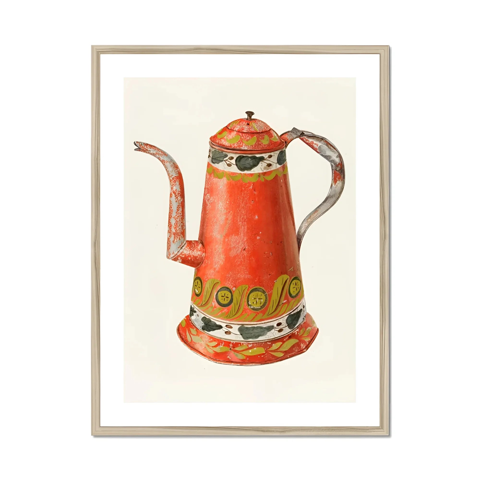 Tin Coffee Pot - Harry Grossen Kitchen Art Print, Red Decorative Coffee Pot Ornate Yellow Black Patterns