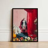 Framed Art Print Man Historical Attire Red Curtain Queer Baroque Portraiture, Stage Lights Rake, Rose Wall