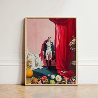 Framed Art Print Man Historical Attire Red Curtain Queer Baroque Portraiture, Stage Lights Rake, Rose Wall