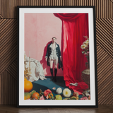 Tinker Tailor - Gay Lowbrow New Romantic Art Print / Canvas Black Framed Portrait Pink Background Red Curtain Person Queer Baroque