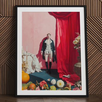 Tinker Tailor - Gay Lowbrow New Romantic Art Print / Canvas Black Framed Portrait Pink Background Red Curtain Person Queer Baroque
