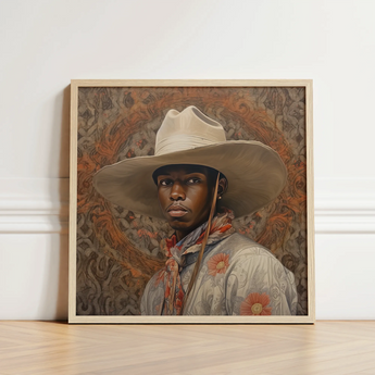 Framed Portrait Person Wide-brimmed Beige Cowboy Hat Light-colored Gay, Spirit’s Queer, Elegant Outlaw’s