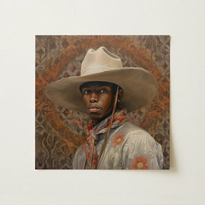 Titus - Gay Black Dandy Cowboy Art Print / Canvas 12x12’’ / 31x31cm / Unframed / no Border Detailed Oil Painting Man Wide-brimmed Off-white