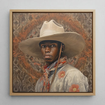 Titus - Gay Black Dandy Cowboy Art Print / Canvas Framed Portrait Man Wide-brimmed White Hat Light-colored, Spirit’s Queer, Elegant