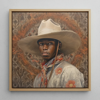 Titus - Gay Black Dandy Cowboy Art Print / Canvas Framed Portrait Man Wide-brimmed White Cowboy Hat Light-colored Gay Cowboy, Spirit’s