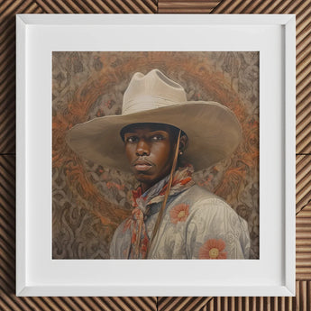 Titus - Gay Black Dandy Cowboy Art Print / Canvas Hat Floral Pattern Red Band Beige Color, Spirit’s Queer, Elegant Outlaw’s Prints