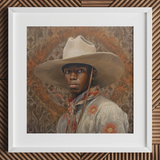Titus - Gay Black Dandy Cowboy Art Print / Canvas Cowboy Hat Floral Pattern Red Band Beige Color Gay Cowboy, Spirit’s Queer, Elegant