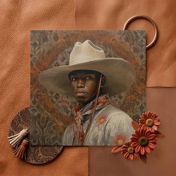 Titus - Gay Black Dandy Cowboy Art Print / Canvas Square Canvas Print Portrait Man Wide-brimmed White Cowboy Gay Cowboy, Spirit’s Queer,