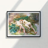 Framed Watercolor Painting Two Nude Figures Lush Green John Singer Sargent, Tommies Bathing, Art