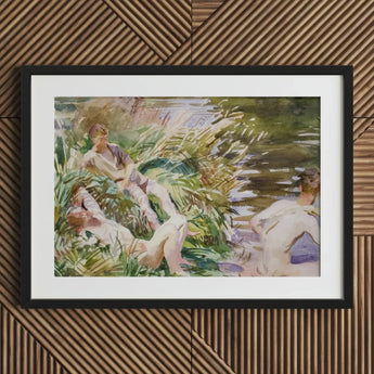 Tommies Bathing - John Singer Sargent Art Print / Canvas Black-framed Watercolor Painting Figures Natural White Wooden Slat, Sargent’s