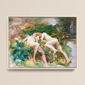 Tommies Bathing - John Singer Sargent Art Print / Canvas Watercolor Painting Light Wooden Frame Two Nude Figures John Singer Sargent,
