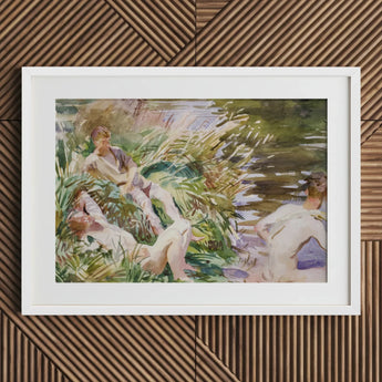 Tommies Bathing - John Singer Sargent Art Print / Canvas White-framed Watercolor Painting Figures Lush Green Outdoor, Sargent’s Evocative
