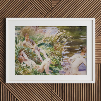Tommies Bathing - John Singer Sargent Art Print / Canvas White-framed Watercolor Painting Figures Lush Green Outdoor John Singer Sargent,