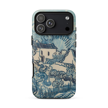 Blue Landscape with Houses - Vincent Van Gogh Phone Case Mobile Cases Blue Cream-colored Phone Case Stylized Landscape Design Brushstrokes