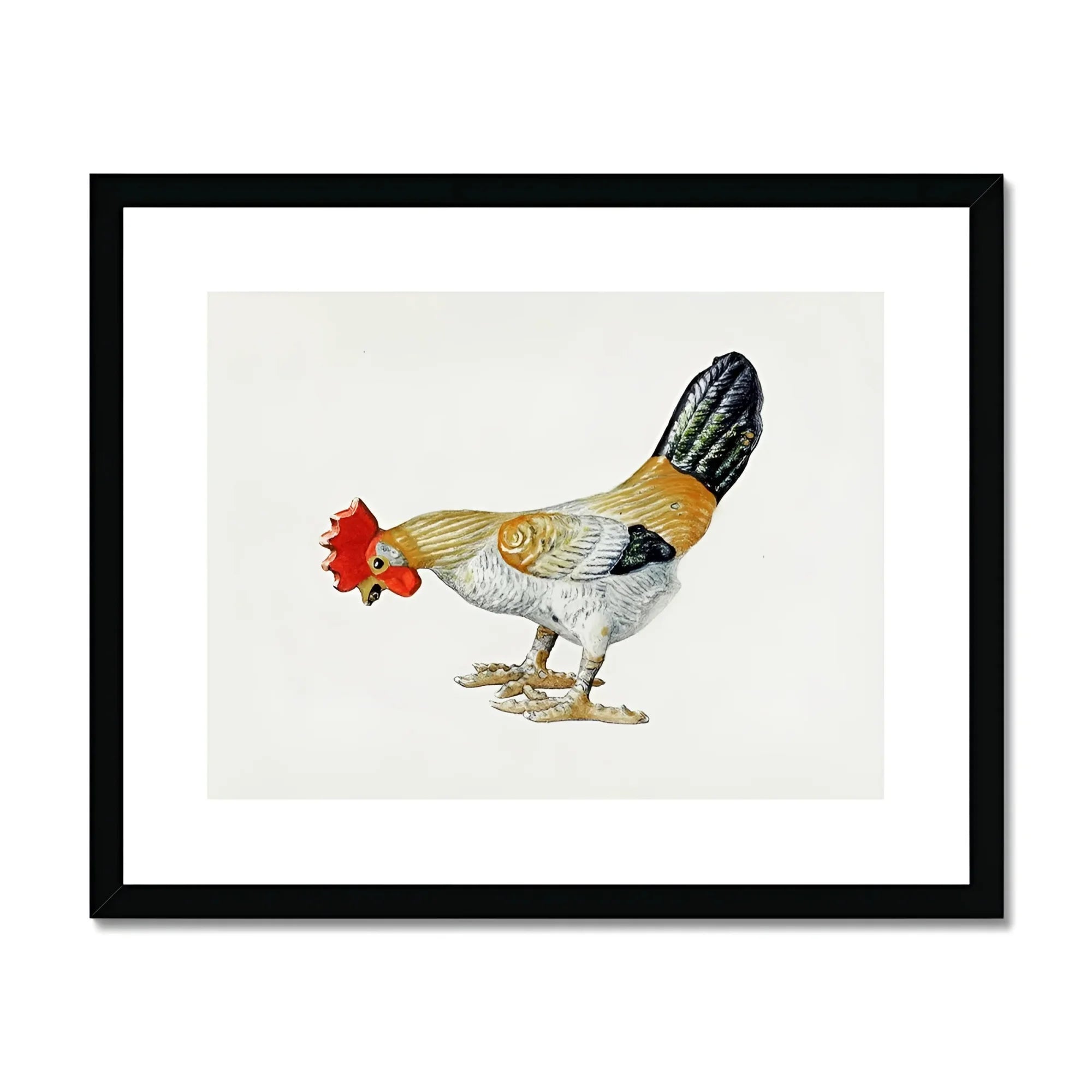 Toy Rooster - Lillian Hunter 1930s Kitchen Art Print, Colorful Rooster White Gold Black Feathers Red Comb