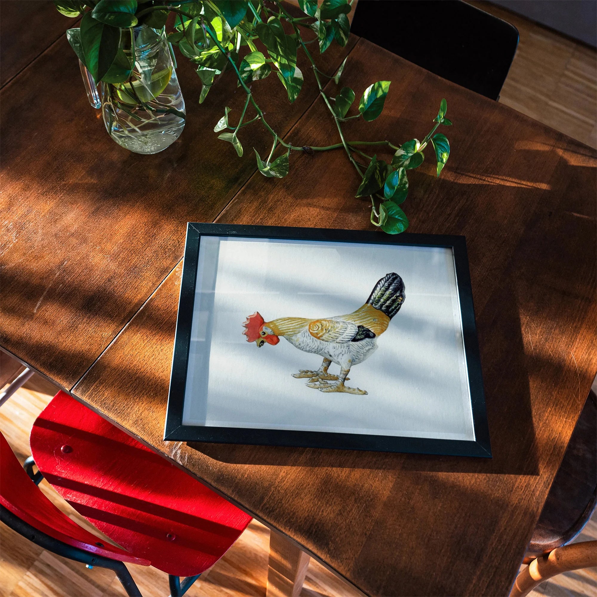 Toy Rooster - Lillian Hunter 1930s Kitchen Art Print, Framed Watercolor Painting Rooster Colorful Feathers