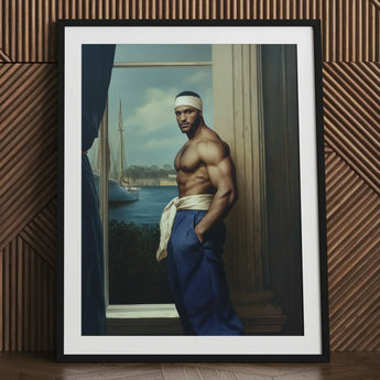 The Trade - Black Gay Sea Captain Art Print / Canvas Black-framed Portrait Muscular Man Blue Pants White Headband, Prints