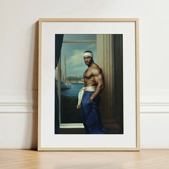 The Trade - Black Gay Sea Captain Art Print / Canvas Framed Portrait Muscular Man Blue Trousers White Headband, Prints