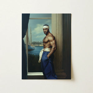 The Trade - Black Gay Sea Captain Art Print / Canvas Muscular Man Blue Robe White Headband Stands Window, Prints