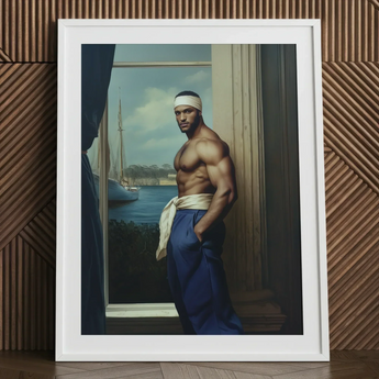 The Trade - Black Gay Sea Captain Art Print / Canvas White-framed Portrait Muscular Man Blue Trousers White Headband Gay Sea Captain, Black