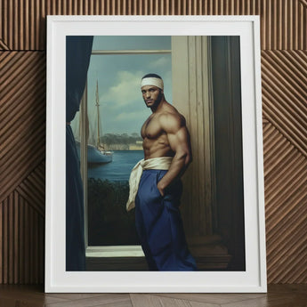 The Trade - Black Gay Sea Captain Art Print / Canvas White-framed Portrait Muscular Man Blue Trousers White Headband, Prints