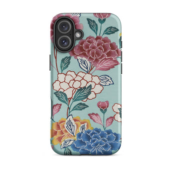 Tree Peonies Bingata Panel Phone Case Iphone 16 Plus / Matte Smartphone Floral-patterned Colorful Blooms Light Blue-green Background,