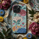 Tree Peonies Bingata Panel Phone Case Pastel Blue Phone Case Adorned Vibrant Floral Pattern Bingata Panel Iphone, Okinawan Dye Traditions,