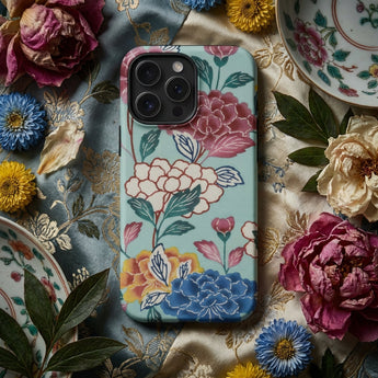 Tree Peonies Bingata Panel Phone Case Pastel Blue Phone Case Adorned Vibrant Floral Pattern Bingata Panel Iphone, Okinawan Dye Traditions,