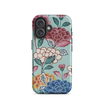 Tree Peonies Bingata Panel Phone Case Iphone 16 / Matte Smartphone Case Teal Background Colorful Floral Pattern Bingata Panel Iphone,