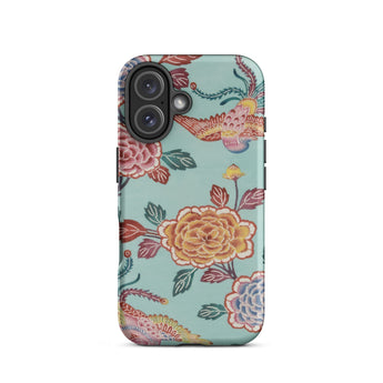 Tree Peonies & Peacocks Bingata Panel Phone Case Iphone 16 / Matte Teal Phone Case Floral Bird Pattern Hand-dyed Bingata Cloth, Peonies
