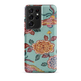 Tree Peonies & Peacocks Bingata Panel Phone Case Samsung Galaxy S21 Ultra / Matte Vibrant Light Teal Phone Case Adorned Detailed Floral