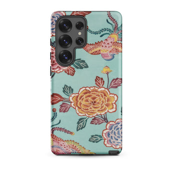 Tree Peonies & Peacocks Bingata Panel Phone Case Samsung Galaxy S25 Ultra / Matte Vibrant Light Teal Phone Case Adorned Intricate Floral