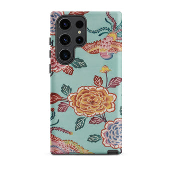 Tree Peonies & Peacocks Bingata Panel Phone Case Samsung Galaxy S23 Ultra / Matte Vibrant Light Teal Adorned Intricate Floral Hand-dyed