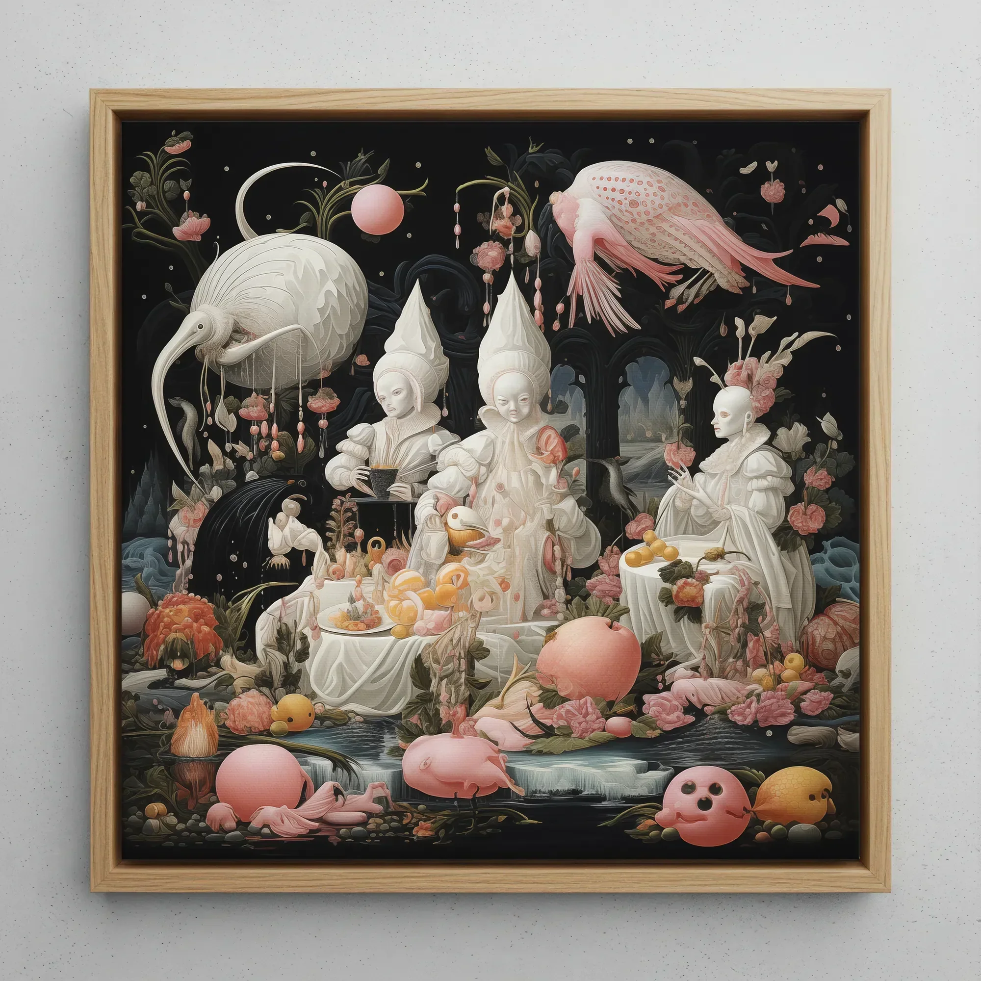 Triple Threat - Creepy Renaissance Art Framed Canvas, 12x12’’ / 31x31cm / Natural Floating Frame, Framed Fantastical Painting Surreal