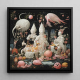 Triple Threat - Creepy Renaissance Art Print / Canvas Surreal Square-framed Artwork Whimsical Figures White Attire Surrounded Lowbrow