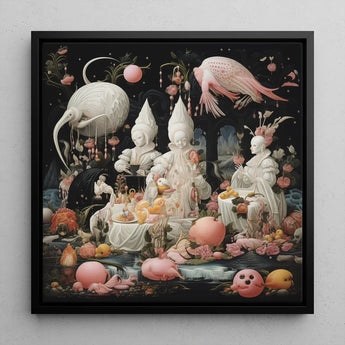 Triple Threat - Creepy Renaissance Art Print / Canvas Surreal Square-framed Artwork Whimsical Figures White Attire Surrounded Lowbrow