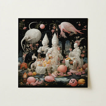 Triple Threat - Creepy Renaissance Art Print / Canvas Surreal Square-framed Artwork Whimsical Figures White Gowns Seated Lowbrow Fantasy,