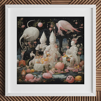Triple Threat - Creepy Renaissance Art Print / Canvas White Framed Fantasy Artwork Whimsical Figures Birds Surreal Lowbrow, Netherlandish