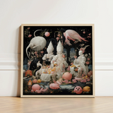 Framed Artwork Surreal Scene White Figures Pink Birds Lowbrow Fantasy, Netherlandish Renaissance Meets