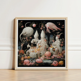 Framed Artwork Surreal Scene White Figures Pink Birds Lowbrow Fantasy, Netherlandish Renaissance Meets