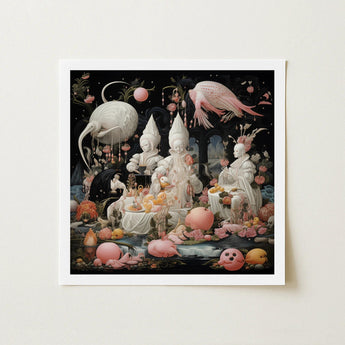 Triple Threat - Creepy Renaissance Art Print / Canvas Surreal White Whimsical Figures Pink Birds Lowbrow Fantasy, Netherlandish Meets,