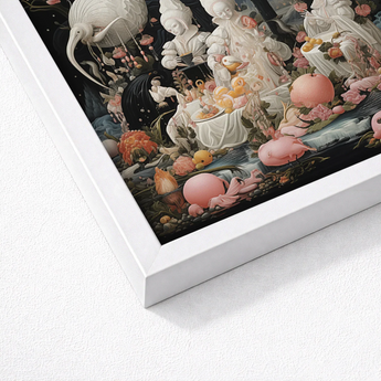White-framed Artwork Surreal Dreamlike Scene Pale Figures Whimsical Lowbrow Fantasy, Netherlandish Renaissance Meets