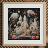 Triple Threat - Creepy Renaissance Art Print / Canvas Framed Artwork Surreal Scene White Pink Figures Birds Lowbrow Fantasy, Netherlandish